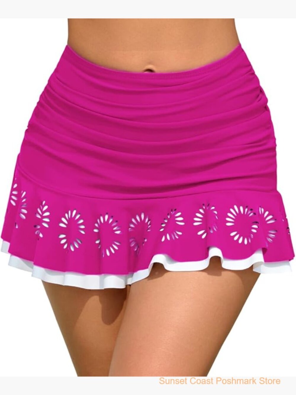 High Rise Swim Skirt with Built-in Brief Ruched Ruffle Bikini Bottom